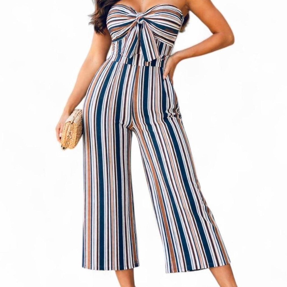 Love Tree Strapless Striped Wide Leg Jumpsuit Size Small